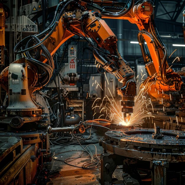 Photo robots de soudage industriels machines futuristes dans la ligne de production fabricant robots de welding d'usine