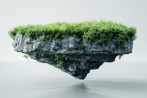 Photo roc paradisiaque volant île flottante avec un champ d'herbe verte isolé sur un fond abstrait roche flottante isolée avec une pelouse d' herbe sur un champ vide