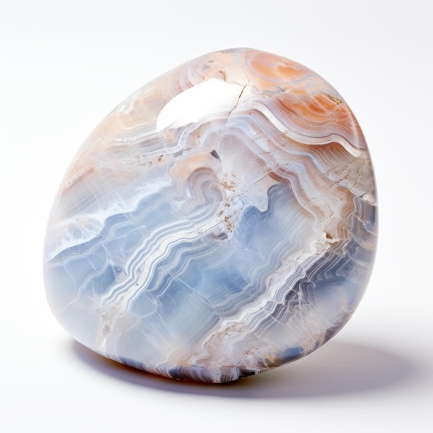 Une roche d'agate bleue fantaisiste avec des ornements baroques sur une surface blanche