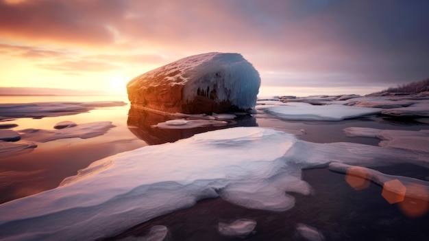 Roche creuse au lever du soleil gelé rive nord lac supérieur esotaGénéré avec l'IA