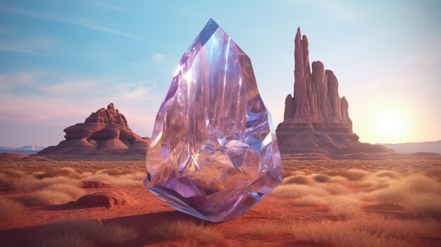 roche de cristal magique et fantastique qui brille dans un désert