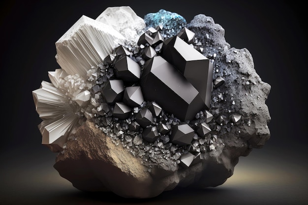 Roche minérale volcanique avec de grands cristaux brillants noirs et blancs