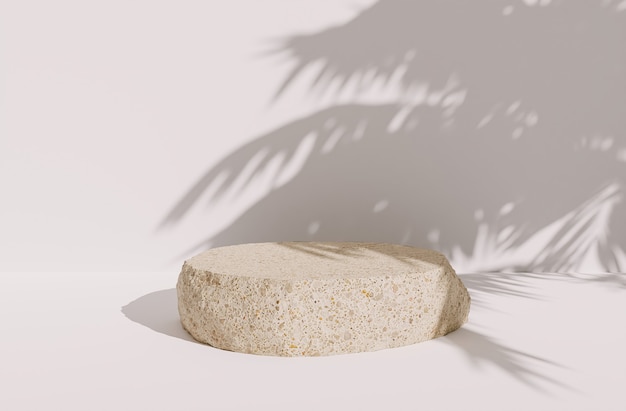 Roche solitaire pour la présentation du produit sur fond blanc avec des ombres de feuilles de palmier. Rendu 3D