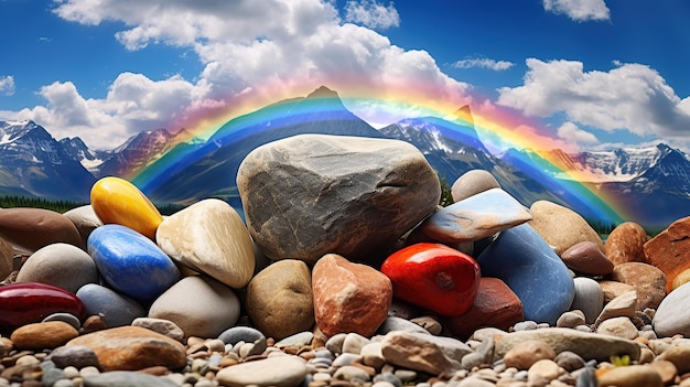Une roche vibrante avec un arc-en-ciel coloré dans un paysage naturel