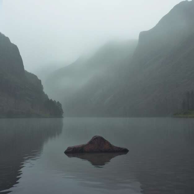 un rocher au milieu d'un lac entouré de montagnes