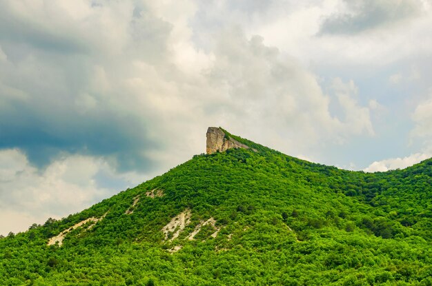 Un rocher au sommet d'une montagne couverte de forêt.