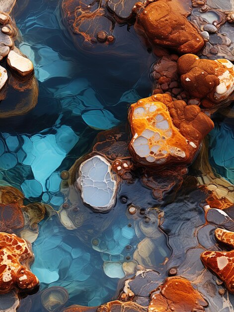 un rocher dans l'eau avec une coquille d'or.