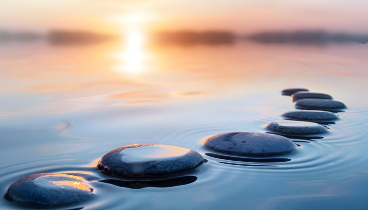 Photo un rocher dans l'eau avec le soleil qui se couche derrière lui