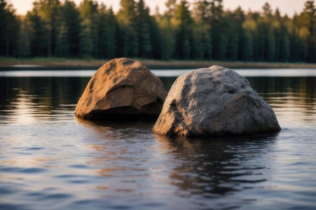 Un rocher dans un grand lac sérénité calme paisible bien-être pleine conscience