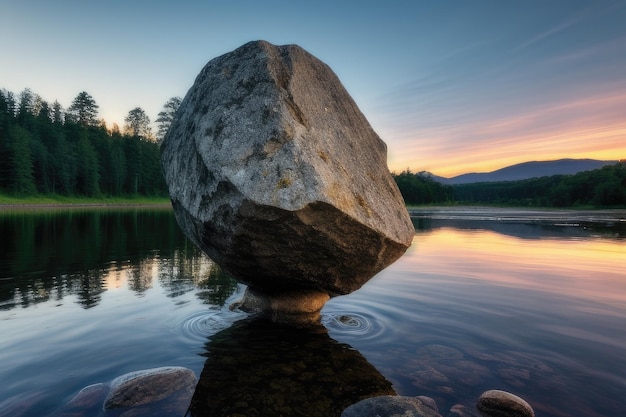 Photo un rocher dans un grand lac sérénité calme paisible bien-être pleine conscience