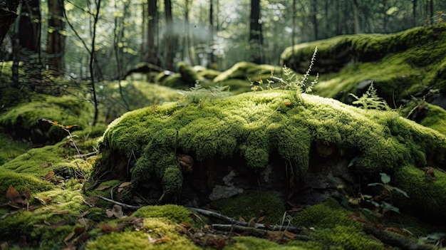 Un rocher moussu dans une forêt avec le soleil qui brille à travers les arbres.