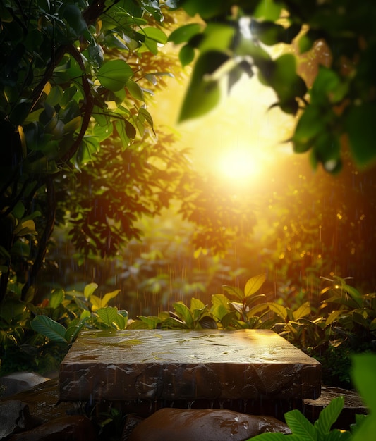 Rocher de podium en pierre naturelle dans un cadre naturel dans le feuillage à l'extérieur avec des rayons solaires