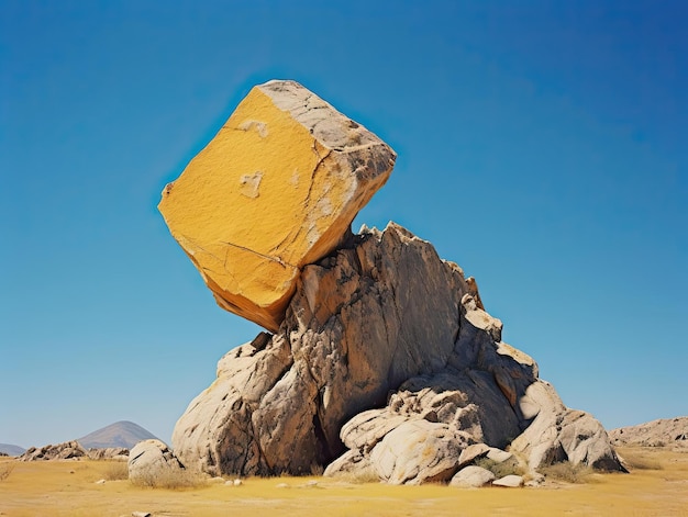 un rocher avec des rochers empilés dessus sous un ciel bleu clair dans le style de kodak aero ektar 178mm f