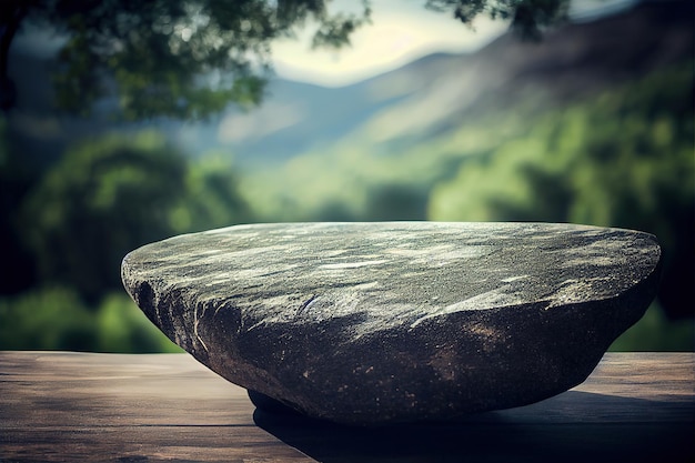 Un rocher sur une table avec vue sur les montagnes en arrière-plan
