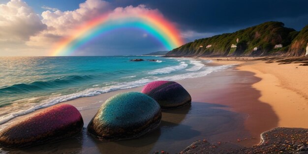 Des rochers colorés sur la plage avec un arc-en-ciel dans le ciel