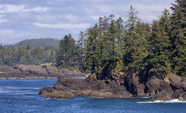 Des rochers escarpés sur un rivage rocheux sur la côte ouest de l'océan pacifique