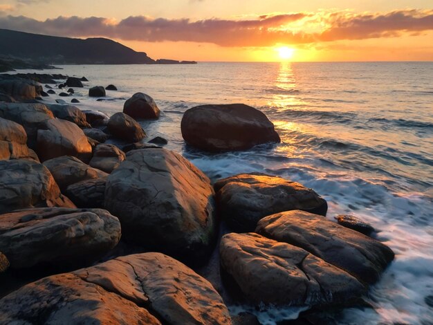 Des rochers par la mer contre le ciel au coucher du soleil