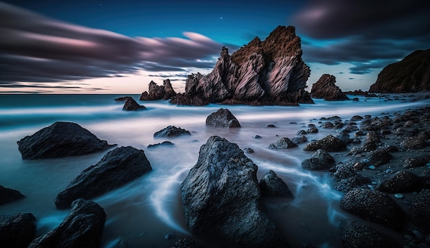 Rochers sur le paysage magique de l'eau au coucher du soleil