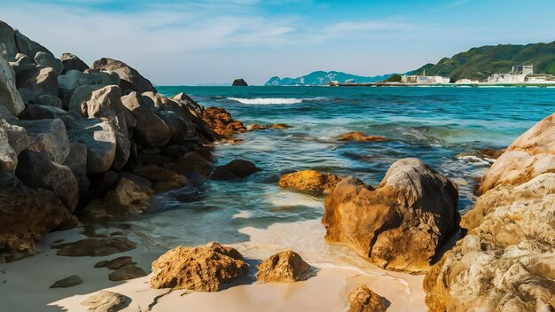 Photo des rochers sur la plage avec de l'eau de mer claire à l'île de seopjikoji jeju en corée du sud