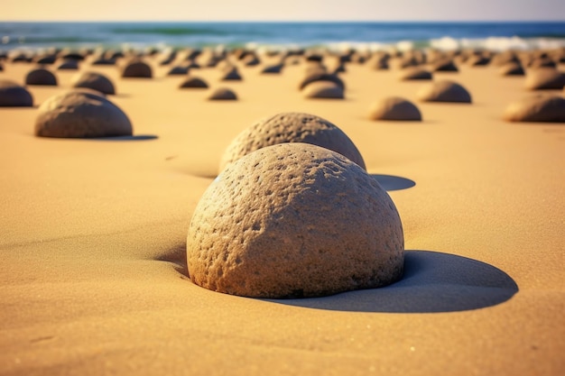 Rochers sur une plage avec le soleil couchant derrière eux