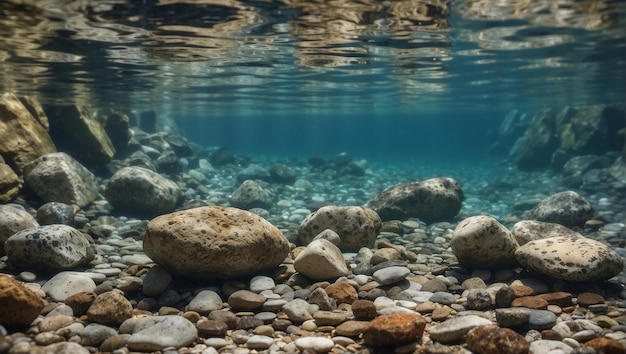 Des rochers sous-marins sur le lit d'un fleuve avec de l'eau douce claire