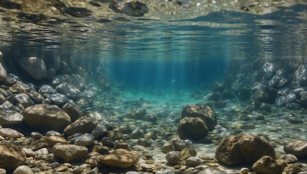 Des rochers sous-marins sur le lit d'un fleuve avec de l'eau douce claire