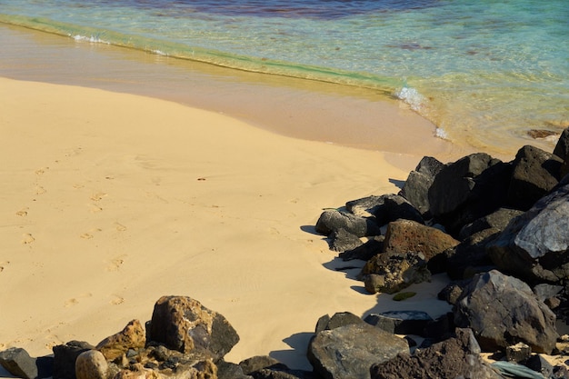 Rochers et vagues sur une plage tropicale sablonneuse