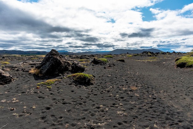 Photo des roches de lave sur une étendue de sable avec un ciel bleu nuageux au lac mivatn près de husavik dans la municipalité de nordurping en islande