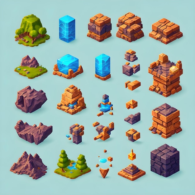 Roches de pierre et caverne ensemble d'actifs de sprite de jeu vidéo isolés sur des arrière-plans de couleur solide
