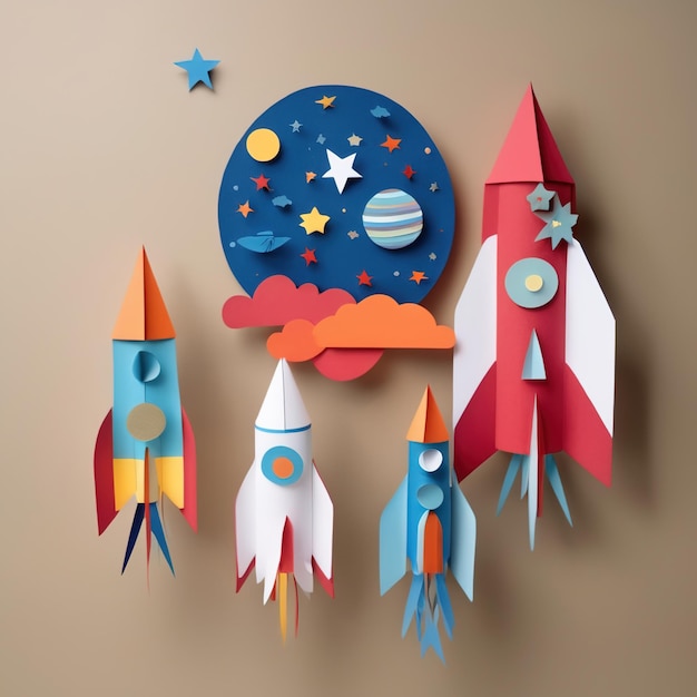 Rocket dans l'espace fait de papier traditionnel papier découpé papier artisanal décoration artisanale enfants malades