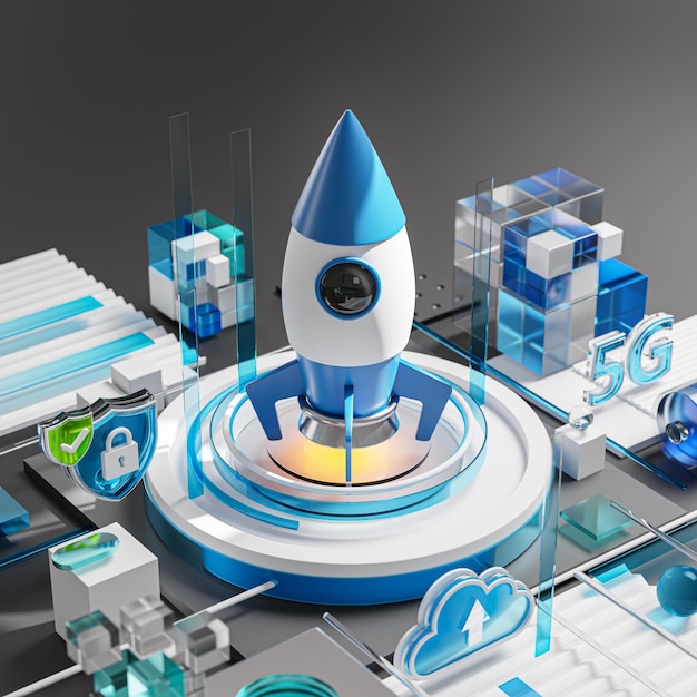 Rocket Ship Startup Lancement Technologie Icône Verre Bleu Rendu 3d