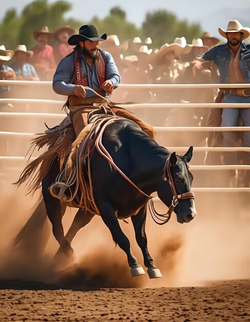 Photo un rodéo mexicain avec des cow-boys et des cow-girls qui montent des taureaux et font des tours.