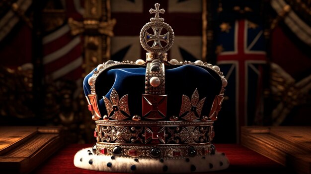 Photo roi charles angleterre roi drapeau britannique et illustration de la couronne des joyaux de la couronne du royaume-uni cérémonie de couronnement du roi charles iii generative ai