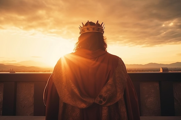 Un roi dans une couronne regarde un coucher de soleil.