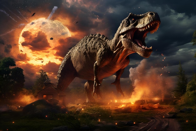 Le roi des dinosaures Tyrannosaurus dans un monde préhistorique pendant l'apocalypse AI générative