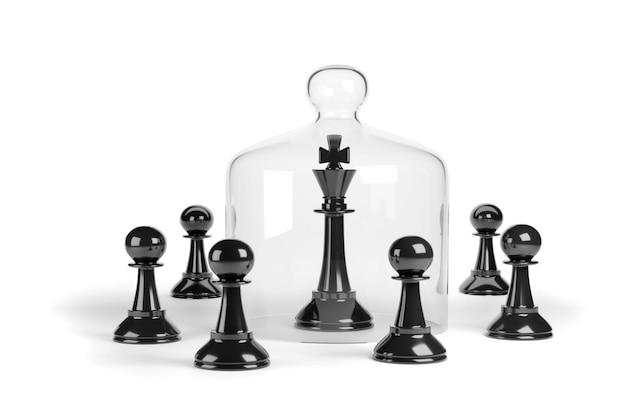 Roi d'échecs dans une cloche entourée de pions isolés sur fond blanc.