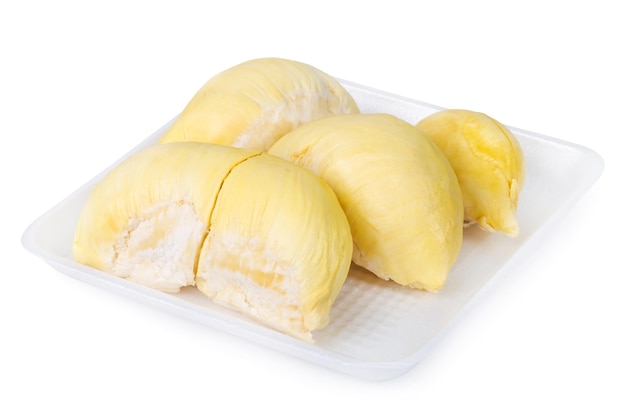 Roi des fruits durian sur fond blanc