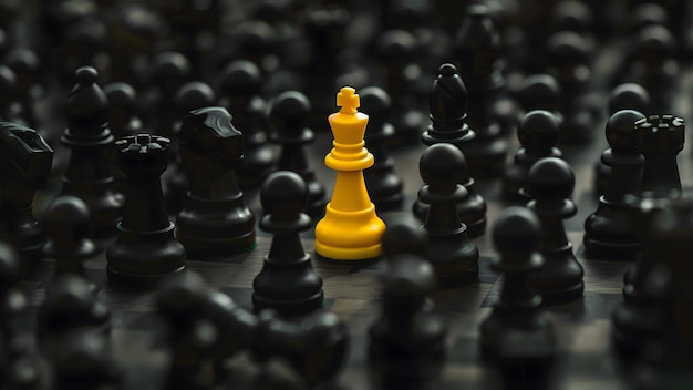 Le roi jaune se démarque de la foule de pions noirs, des pièces d'échecs sur un échiquier.