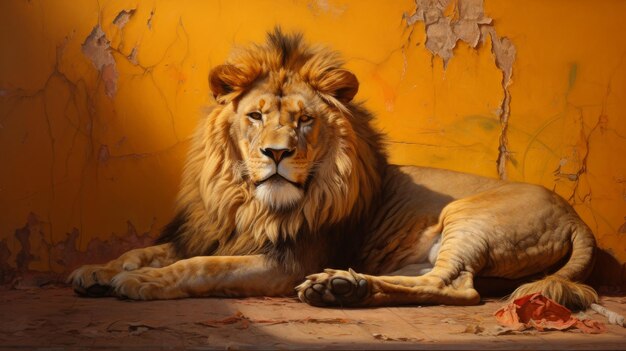 Un roi lion détendu devant un paysage doré