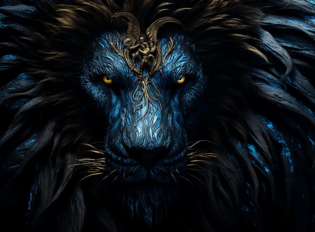 Photo le roi lion guerrier dans un masque doré bleu et une fourrure dorée peinte portant des accessoires royaux