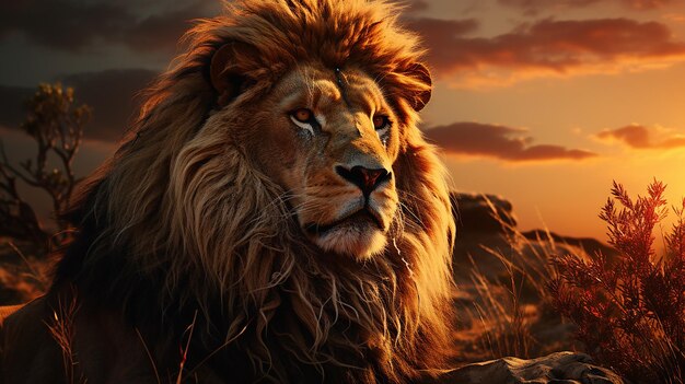 Roi majestueux Image d'un lion majestueuse se reposant dans le crépuscule