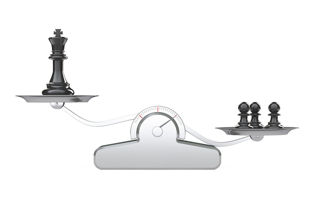 Roi et trois péons d'échecs sur l'échelle d'équilibre sur un fond blanc. Rendu 3D