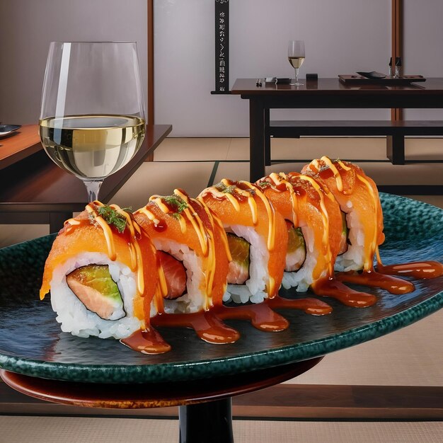 Photo rôle de sushi frit chaud avec saumon et vin menu de sushi cuisine japonaise rolle de sushi fritté chaud