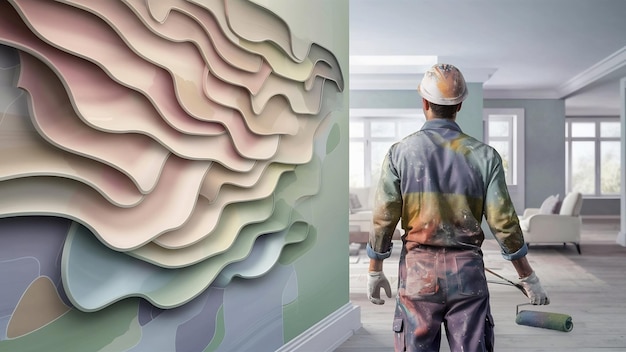 Roller de peinture d'intérieur et l'ouvrier à l'arrière-plan concept de rénovation de la maison