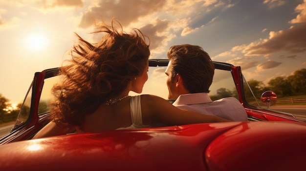 Photo romantique comme un couple heureux voyage en voiture conduisant une décapotable au coucher du soleil une image vibrante symbolisant le joyeux voyage relation bonheur et la liberté de l'amour sur la route