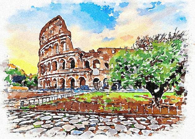 Photo rome italie coucher de soleil derrière le colisée illustration créative design aquarelle vintage