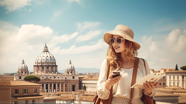 Rome Italie vacances d'été tourisme vacances arrière-plan fille souriante avec un appareil photo de téléphone portable et une carte à la main debout sur une colline regardant la cathédrale du Vatican