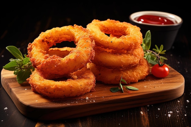 Rondelles d'oignon enrobées de ketchup sur bois