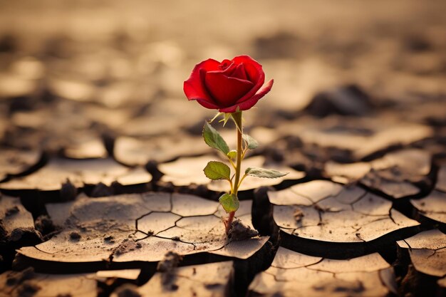 Une rose de beauté contrastée au milieu d'une terre fissurée