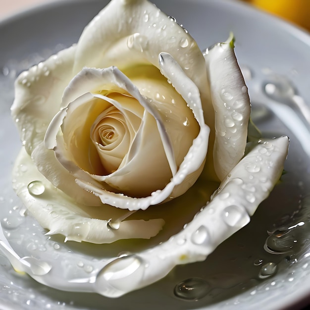 Une rose blanche sur une assiette avec des gouttes d'eau générées par l'IA